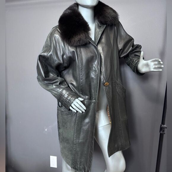 Black Leather Fur-Trim Trench Coat W/ Gold Buttons - Picture 4 of 15
